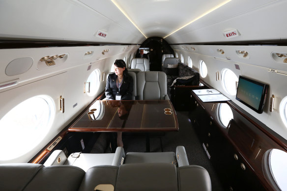 The interior of a Gulfstream private jet. 