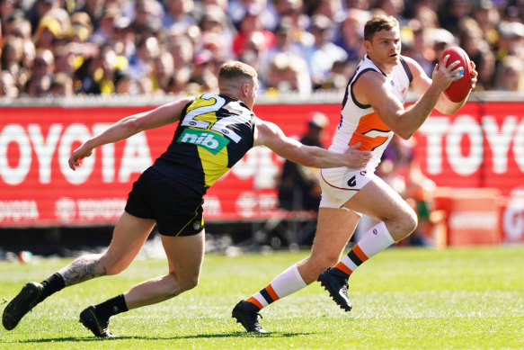 Heath Shaw (right) was a stand-out for the Giants in the AFL grand final. 