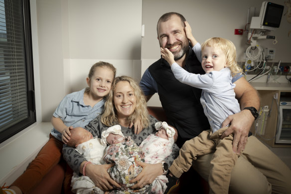 Brooke and Max Holcroft’s family grew from four to seven, when Henry, 6, and Freddie, 2, were joined by triplets Robert, Primrose and Lilliana. 