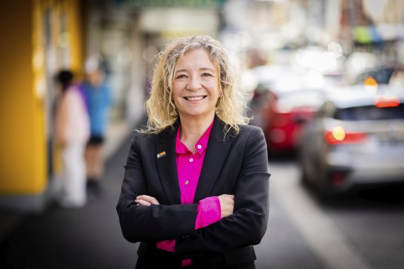 Independent candidate for the seat of Hawthorn Melissa Lowe on Glenferrie Road on Wednesday.