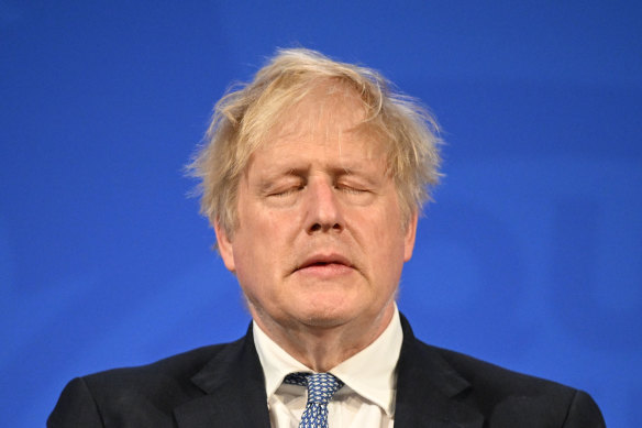 Prime Minister Boris Johnson holding a press conference last month in response to the publication of the Sue Gray report Into “Partygate”.