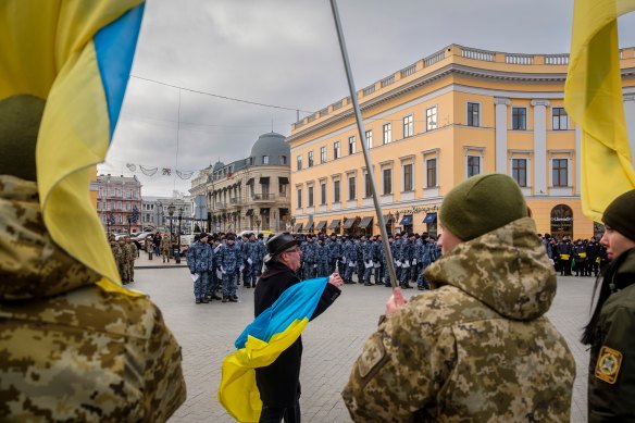 A rally attended by soldiers and police in Odessa, Ukraine, last month.