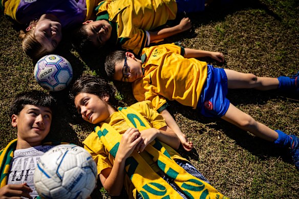 Young Socceroos fans at Ewen Park in Hurlstone Park on Saturday, ahead of the Australian team’s first World Cup match on Sunday.
