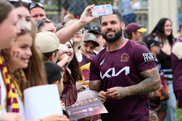 Broncos skipper Adam Reynolds with fans on Monday.