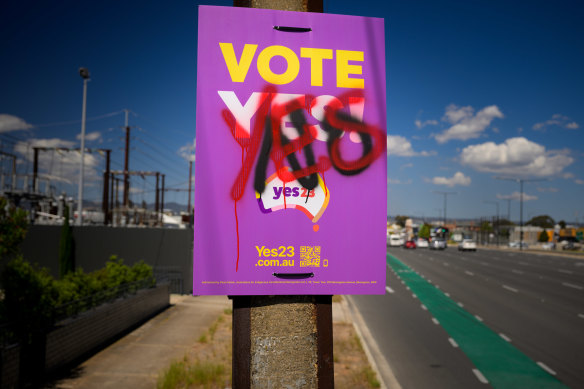 Sprayed referendum campaign signs on Port Road, Adelaide