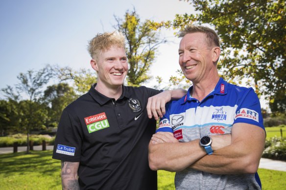 Son v father, player v coach: Collingwood player John Noble will come up against North Melbourne coach David Noble on Saturday. 