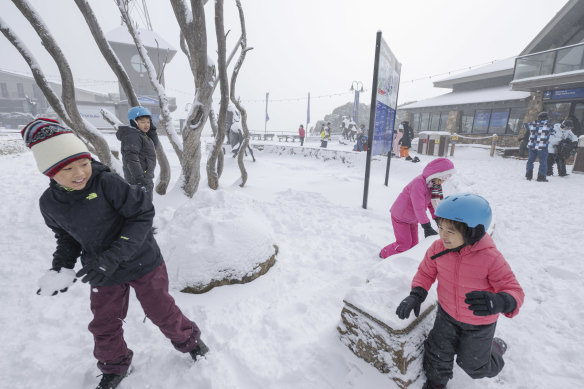 Children playing in the snow at Mount Buller on Sunday. 