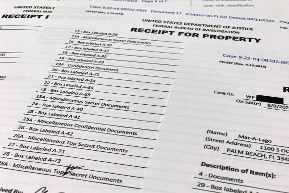 The receipt for property that was seized during the execution of a search warrant by the FBI at former president Donald Trump’s Mar-a-Lago estate.