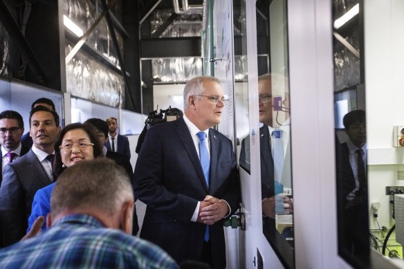 Prime Minister Scott Morrison touring Monash University on Thursday morning. 