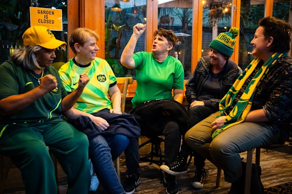 Joyce Wilson, Yvette Ford, Ruth Lindsay, Mary Brewer and Sam Wellham watch the Socceroos match at the Golden Barley.