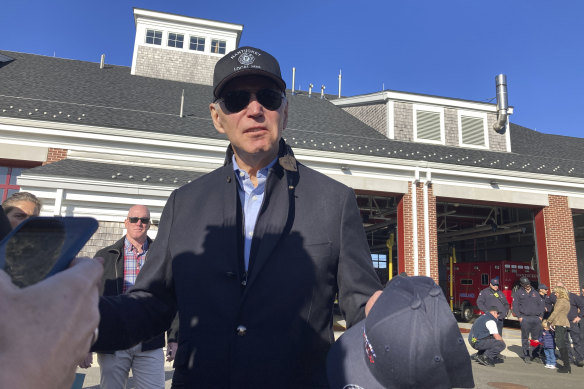 US President Joe Biden talks with reporters during a visit on Thanksgiving Day to the Nantucket Fire Department in Nantucket, Massachusetts.