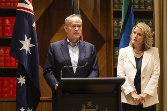 The Minister for Government Services, Bill Shorten, and the Minister for Home Affairs, Clare O’Neil, during their press conference at Treasury Place in Melbourne about the Optus data breach.