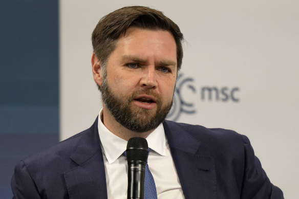 US Republican Senator JD Vance, who opposes aid to Ukraine, speaks at the Munich Security Conference.
