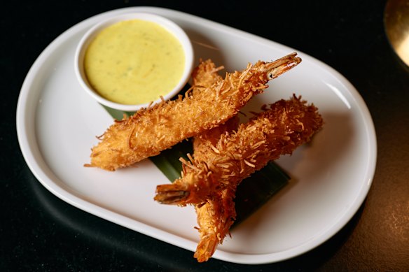 Coconut prawns with truffle and curry mayonaise. 