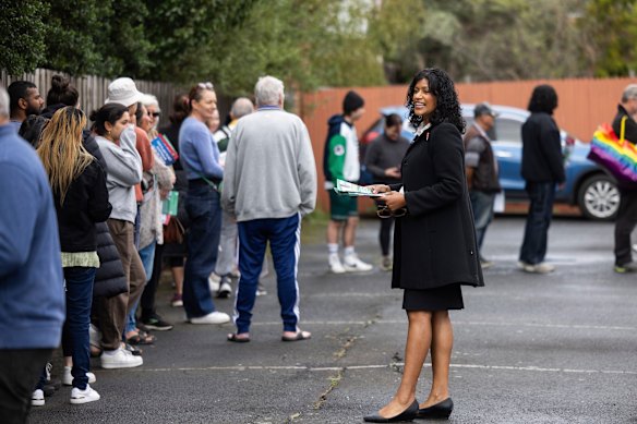 Greens candidate for Wills Samantha Ratnam campaigning for early votes.