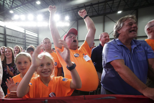 Supporters of US President Donald Trump cheer as Prime Minister Scott Morrison speaks in Ohio.