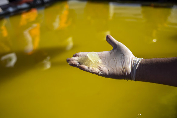 Traces of lithium concentrate at a lithium mine in the Atacama Desert, Chile.