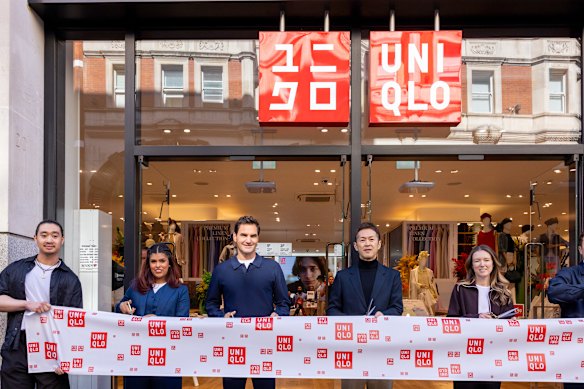 Uniqlo’s star power: Former tennis champion Roger Federer (centre), a and Uniqlo ambassador, and fashion designer Clare Waight Keller (right), at the reopening of Uniqlo’s Covent Garden store in London this year.