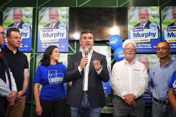 Opposition Leader  Brad Battin addressing the crowd at the Liberal Party event in Werribee.