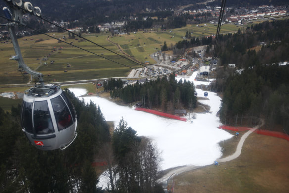 The view from the cable car at the Alpine  resort of Garmisch-Partenkirchen, Germany is greener than it should be in January.