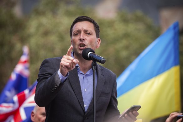 Matthew Guy addresses the rally for Ukraine at Treasury Gardens last month.