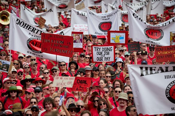 About 35,000 Victorian teachers marched through the Melbourne CBD in March as part of their strike action for better wages.