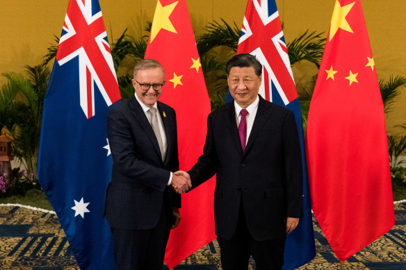 Anthony Albanese greets China’s President Xi Jinping at the G20 summit in Bali