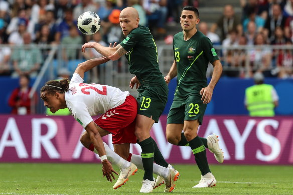Australian stars Aaron Mooy and Tom Rogic in action during the Socceroos’ 1-1 draw with Denmark at Russia 2018.