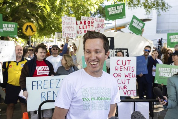 Max Chandler-Mather, the Greens spokesperson for housing, at a rally in front of the Labor Party conference in Brisbane.