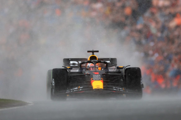 Max Verstappen drives to victory in treacherous conditions in the Netherlands.