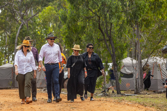Anthony Albanese arrives at Garma on Friday, with his partner Jodie Haydon, Linda Burner Australian and Marion Scrymgour.