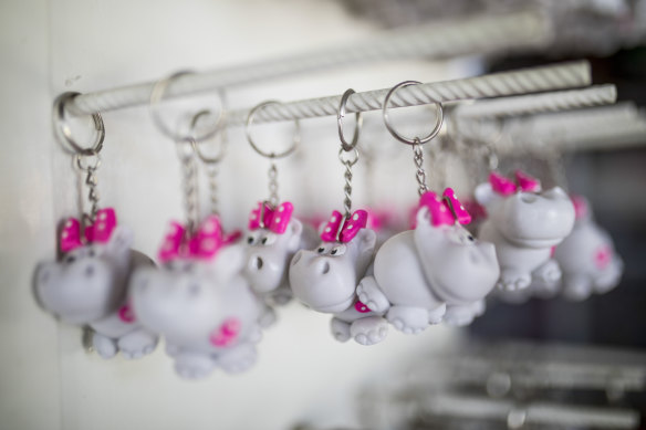 Hippo key rings are displayed for sale at a souvenir shop near the Napoles Park in Puerto Triunfo, Colombia.