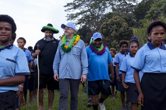 Albanese and Marape arrive at the Isurava memorial site at the end of their two-day trek.