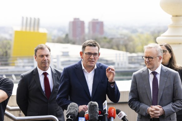 Premier Daniel Andrews and Prime Minister Anthony Albanese in Carlton on Tuesday.