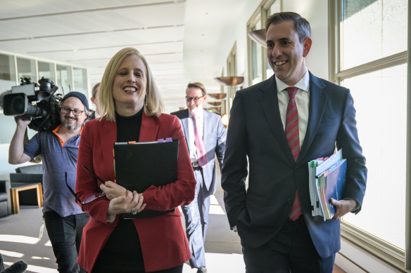 Finance Minister Katy Gallagher and Treasurer Jim Chalmers at Parliament House on Tuesday.