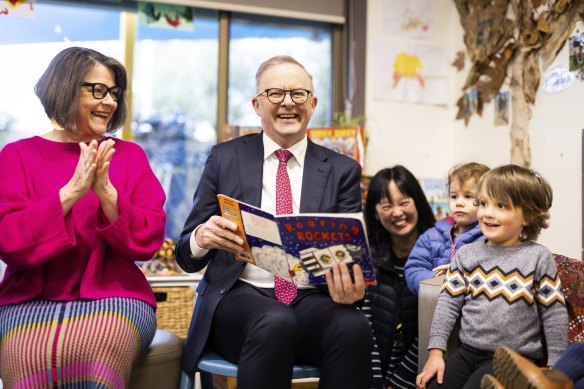 Labor MP Ged Kearney and Prime Minister Anthony Albanese at an early learning centre in Melbourne on Friday.