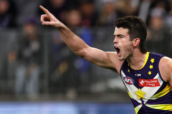 Fremantle’s Andrew Brayshaw celebrates a goal during last week’s win against Hawthorn.