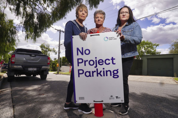 Macleod residents Christine Telfer, Jodie Larkin and Catherine Mifsud are frustrated at local streets being overrun with construction vehicles.