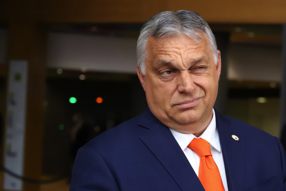 Viktor Orban, Hungary’s prime minister, reacts while speaking to journalists before the EU summit in Brussels, Belgium.