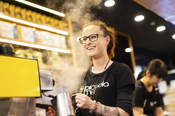 Melissa Waterson, barista at Piccolo Me, prepares a takeaway latte, Melbourne’s most popular coffee order on DoorDash.