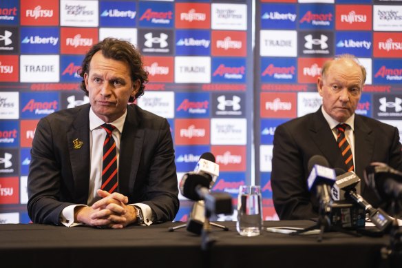 Essendon CEO Xavier Campbell and president David Barham at the Hangar on Sunday.