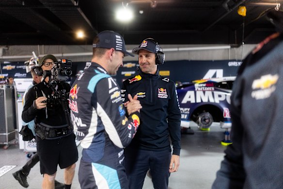 Broc Feeney and Jamie Whincup celebrate a victory.