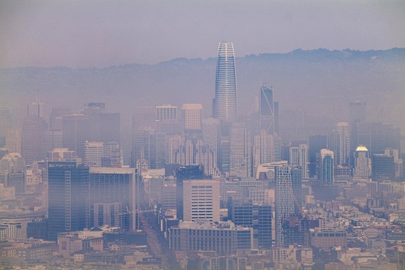 The San Francisco skyline is partially obscured by smoke from the multiple bushfires burning in California.