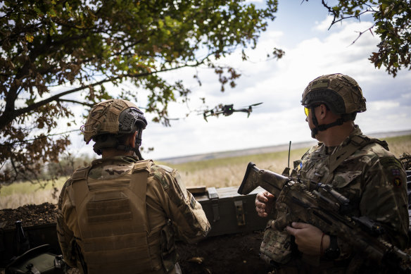 Ukrainian soldiers operate a drone in the Kherson region of Ukraine on September 5, 2022.