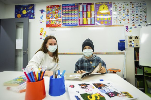 Monash Children’s Hospital School teacher Georgia Lay with student Luka, 10.

