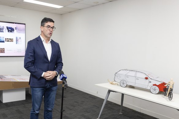 Liberal MP Brad Battin, a former police officer, speaking during Sunday’s press conference.