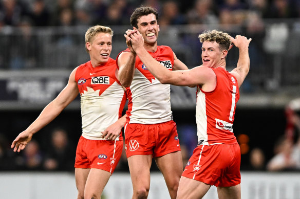 Sydney’s Chad Warner celebrates a goal against the Dockers.