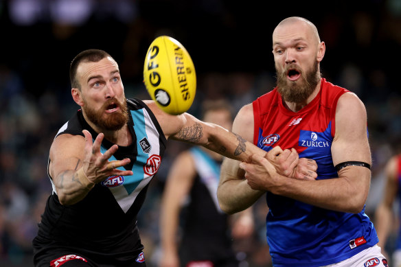 Port Adelaide’s Charlie Dixon and Demon Max Gawn go head-to-head in Thursday night’s clash.