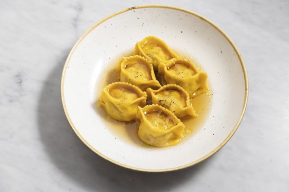 Veal agnolotti in broth.