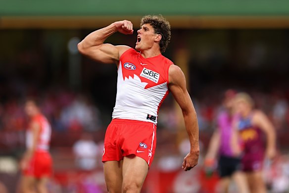 Charlie Curnow celebrates for the Swans